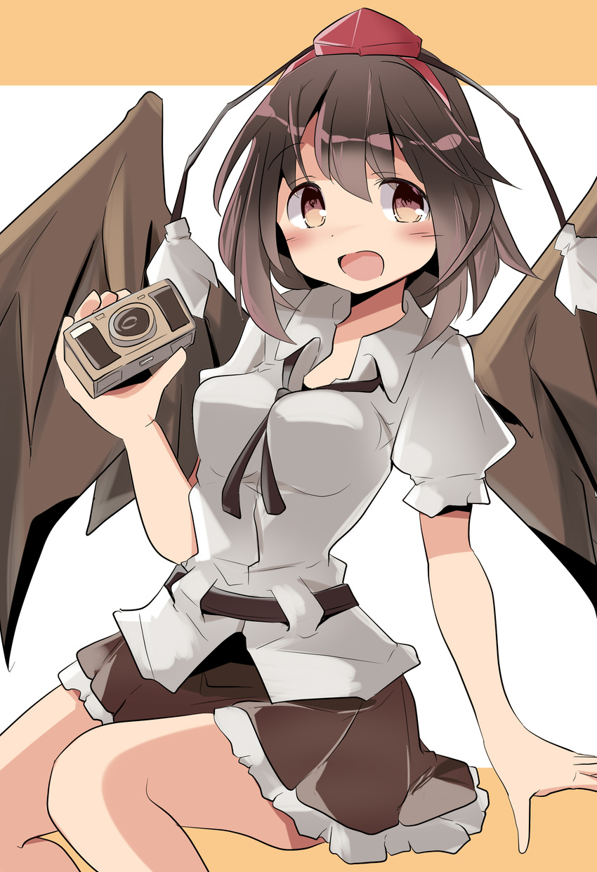 absurdres belt between_breasts black_skirt blouse blush breasts brown_hair camera collared_shirt hat highres medium_breasts miniskirt mukuroi neck_ribbon open_mouth red_eyes ribbon shameimaru_aya shirt short_hair short_sleeves simple_background sitting skirt smile solo tokin_hat touhou white_blouse wings