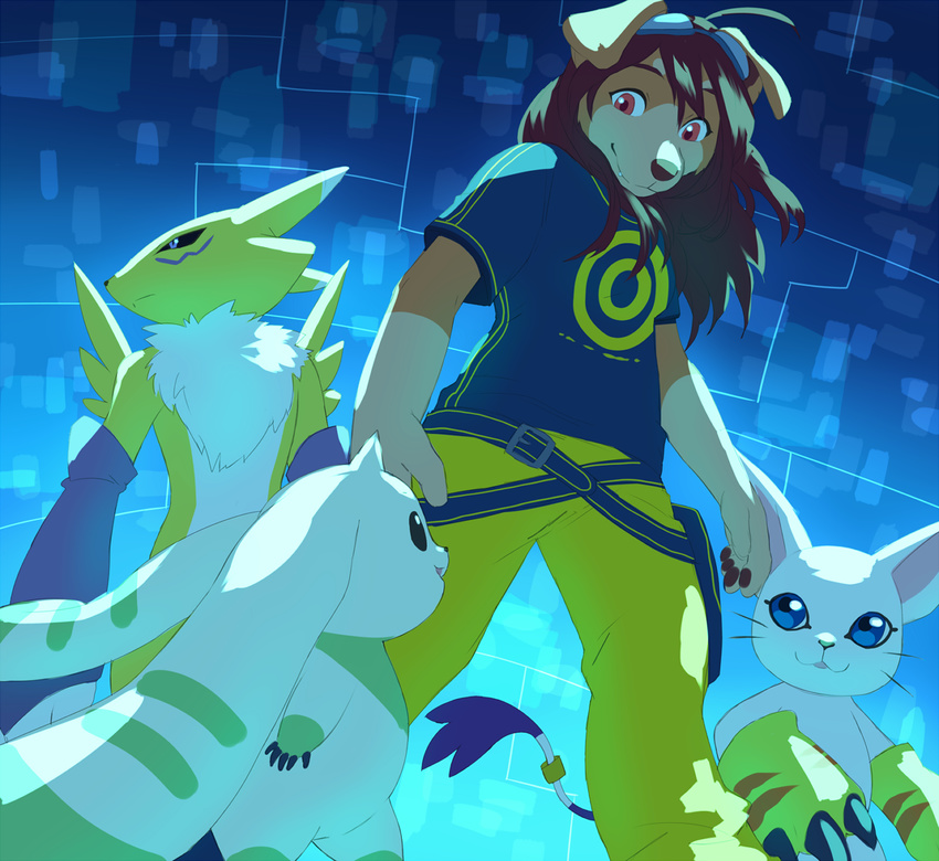 akitamonster anthro black_nose blue_eyes brown_hair canine clothed clothing digimon dog duo female group hair mammal smile standing