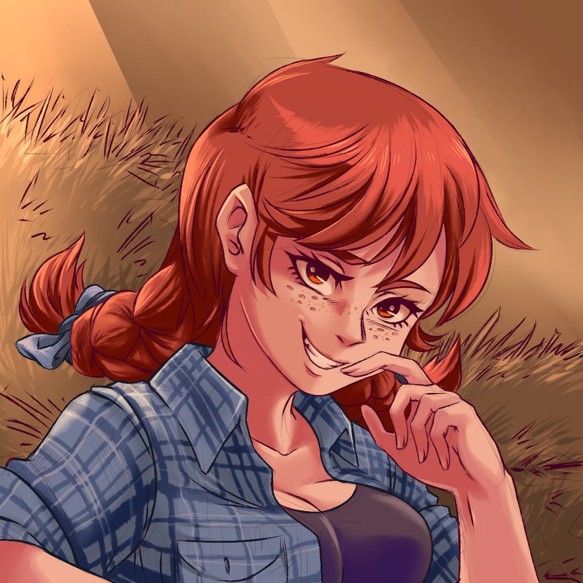 bow braid breasts cleavage collarbone freckles grin hair_bow highres light medium_breasts plague_of_gripes plaid plaid_shirt red_eyes red_hair shirt sketch smile smug solo twin_braids upper_body wendy's wendy_(wendy's)