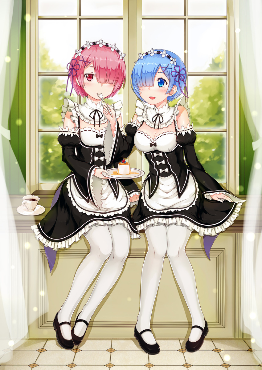 :d black_footwear blue_hair blush breasts cleavage cup curtains detached_sleeves e_neko feeding food full_body hair_ornament hair_over_one_eye highres holding holding_spoon indoors light_particles long_sleeves looking_at_another looking_at_viewer maid maid_headdress mary_janes medium_breasts multiple_girls open_mouth pantyhose pink_hair plate pudding ram_(re:zero) re:zero_kara_hajimeru_isekai_seikatsu rem_(re:zero) ribbon-trimmed_clothes ribbon-trimmed_sleeves ribbon_trim shoes short_hair siblings sisters sitting smile spoon teacup tray twins white_legwear wide_sleeves window x_hair_ornament