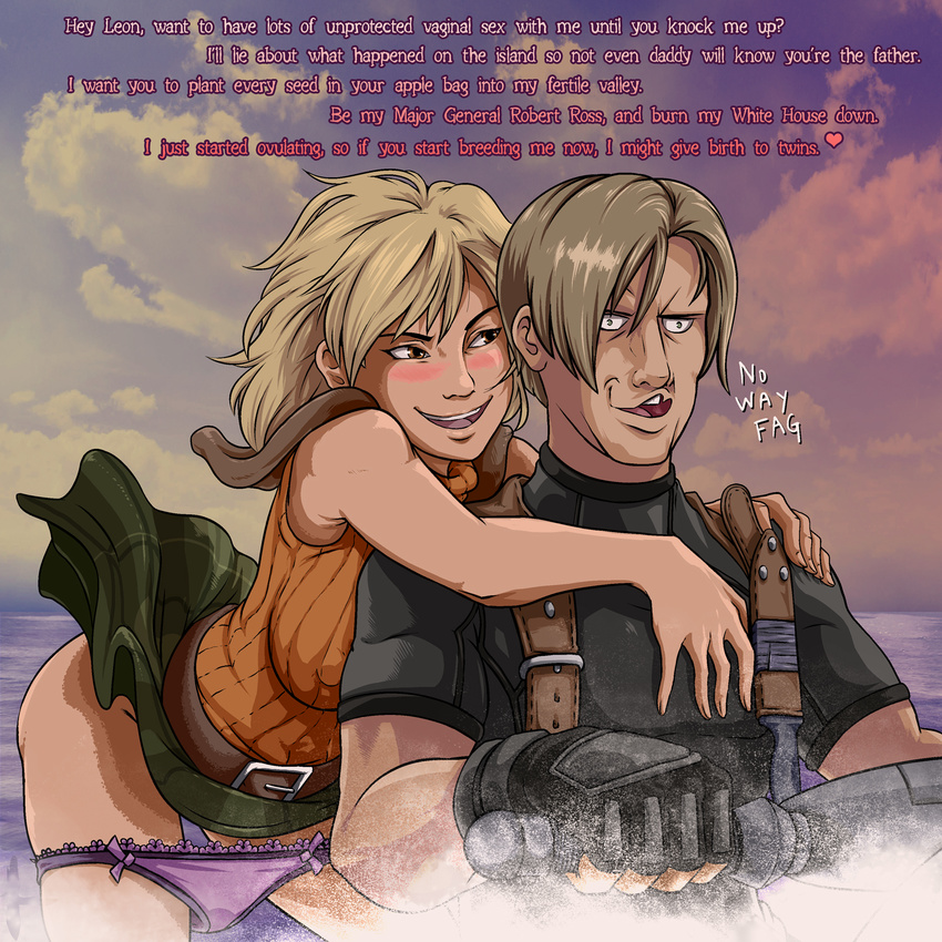 1girl ashley_graham belt blonde_hair blush breast_press breasts breasts_on_back brown_eyes brown_hair commentary constricted_pupils covered_nipples english flirting highres jet_ski large_breasts leon_s_kennedy meme naughty_face panties panty_pull plague_of_gripes plaid plaid_skirt profanity purple_panties rejection resident_evil resident_evil_4 short_hair skirt sleeveless sleeveless_turtleneck text_focus turtleneck underwear watercraft wind wind_lift