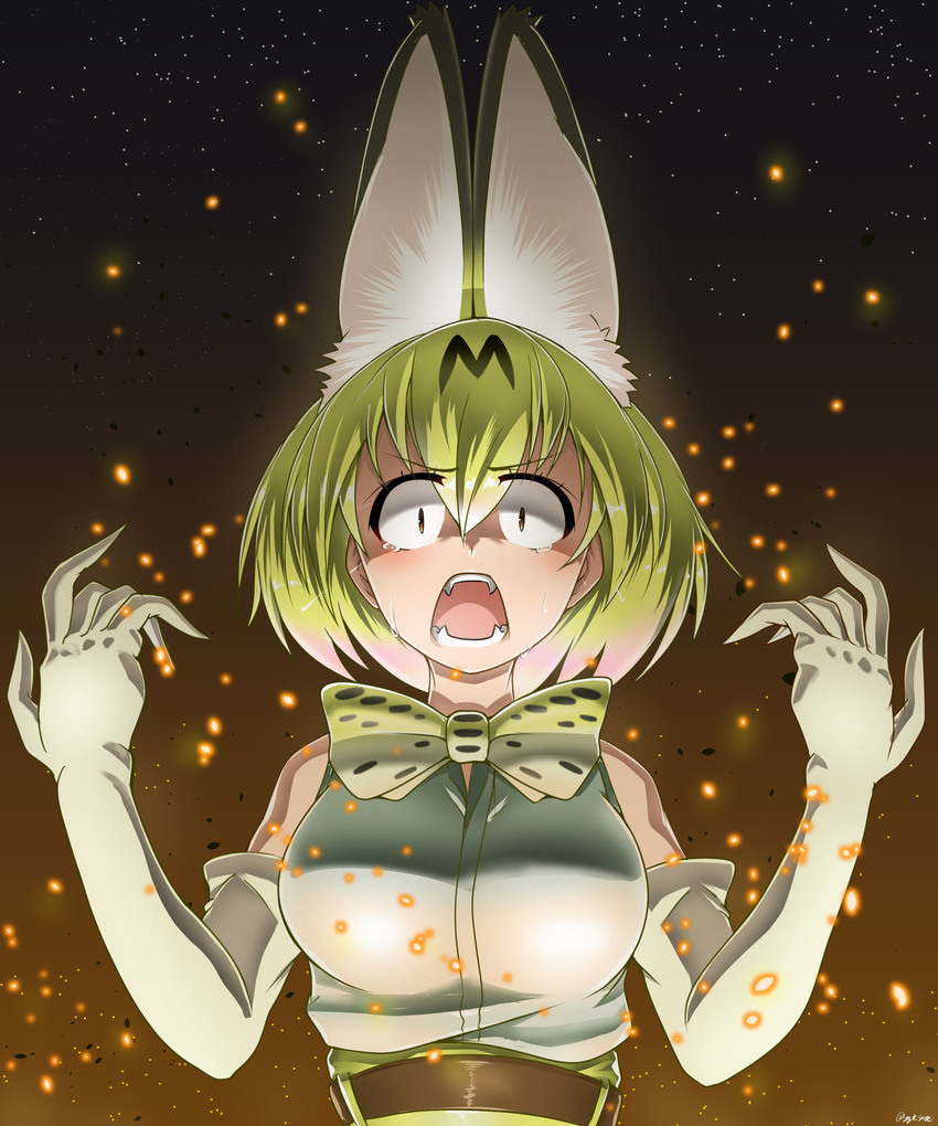 absurdres animal_ears bow bowtie breasts commentary_request cross-laced_clothes crying crying_with_eyes_open elbow_gloves fangs gloves high-waist_skirt highres kemono_friends looking_at_viewer medium_breasts open_mouth saizu_nitou_gunsou serval_(kemono_friends) serval_ears serval_print shirt skirt sleeveless sleeveless_shirt slit_pupils tears upper_body