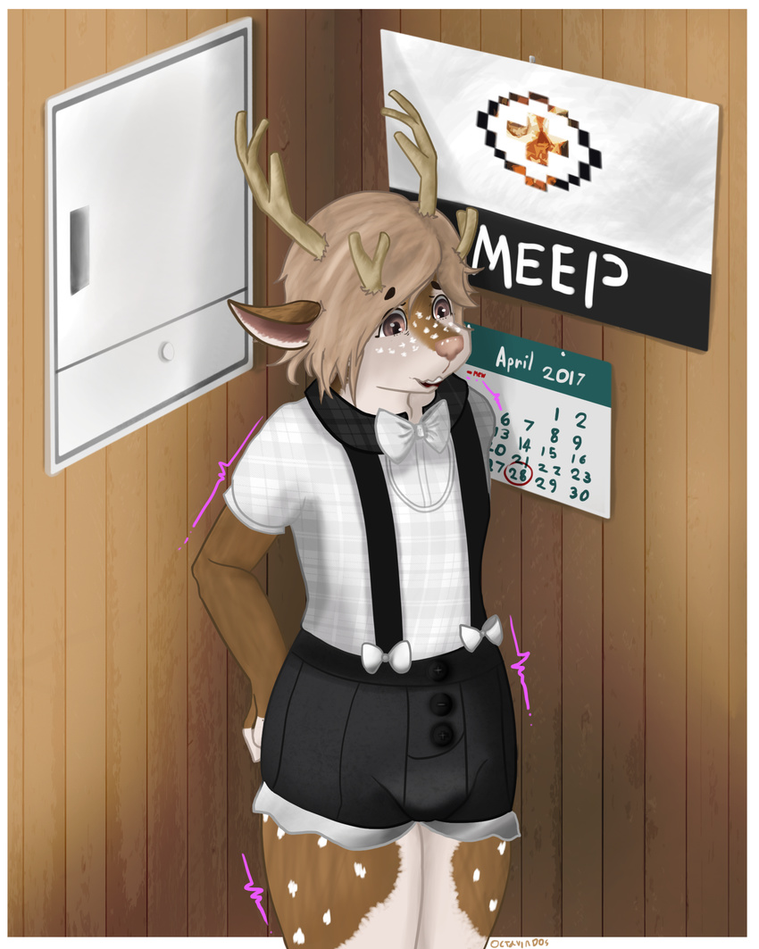 anthro antlers bulge cervine clothed clothing crossdressing deer girly horn male mammal octaviados open_mouth simple_background smile standing trap_(disambiguation)