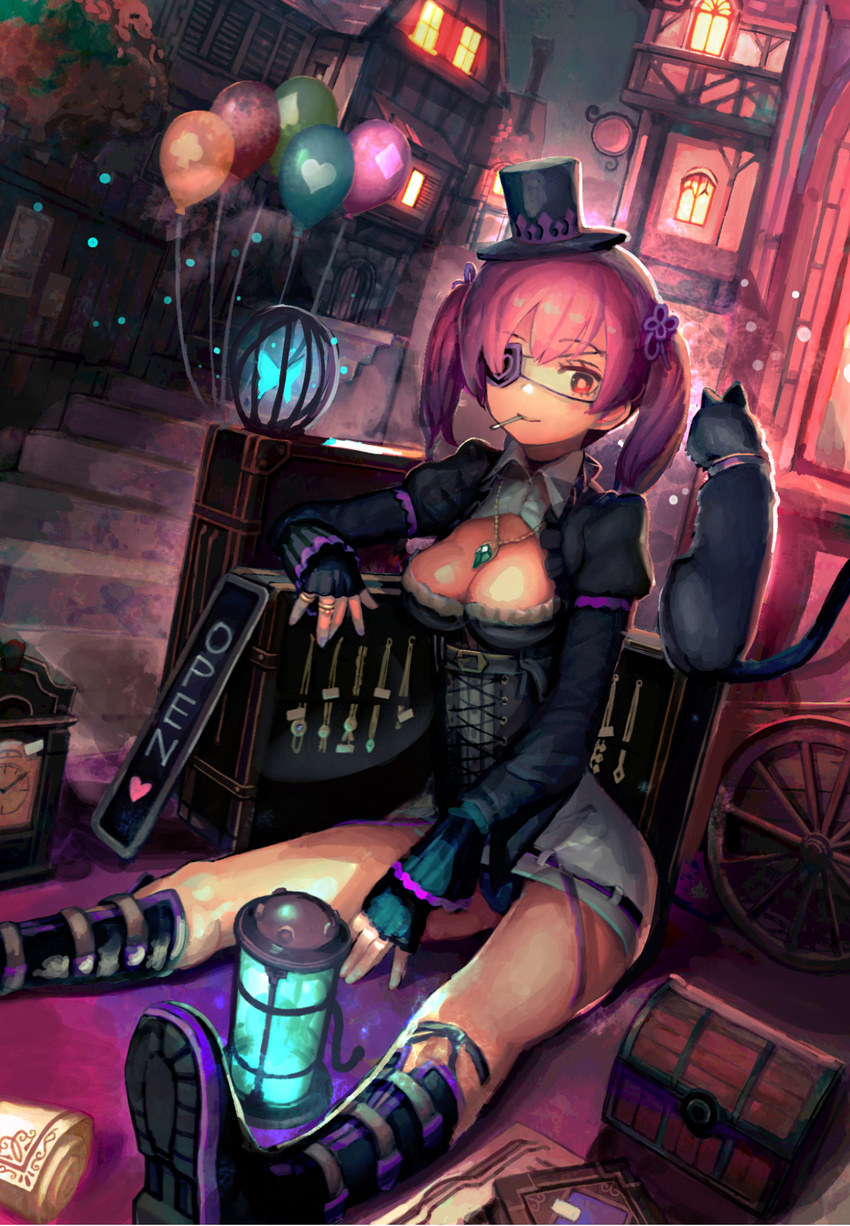 analog_clock balloon black_cat book boots breasts candy cat cleavage cleavage_cutout clock club_(shape) corset cross-laced_clothes diamond_(shape) dress dutch_angle eyepatch food gem half-timbered hat heart highres jewelry jewelry_removed knee_boots lantern lollipop long_sleeves looking_at_viewer medium_breasts mini_hat mini_top_hat mouth_hold necklace night on_ground open_sign organ_derwald original outdoors panties pantyshot pantyshot_(sitting) pendant pink_hair red_eyes ring scroll shoe_soles short_dress sign sitting sleeves_past_wrists solo spade_(shape) stairs suitcase top_hat town treasure_chest twintails underwear wheel wing_collar