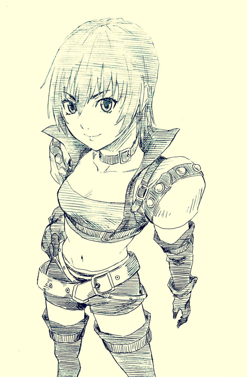 1girl belt breasts cleavage collar cropped_jacket from_above gloves hand_on_hip highres lee_(dragon_garou) looking_at_viewer midriff monochrome navel nib_pen_(medium) rutee_katrea short_hair short_shorts shorts shoulder_pads small_breasts smile solo tales_of_(series) tales_of_destiny thighhighs traditional_media