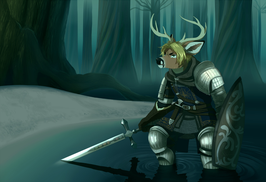 akitamonster anthro armor black_nose blonde_hair cervine clothed clothing dark_souls deer detailed_background hair holding_object holding_weapon male mammal melee_weapon solo standing sword video_games weapon