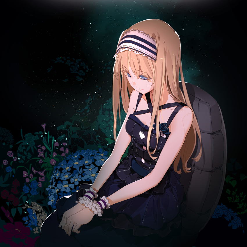 black_dress blue_eyes blue_flower breasts chair collarbone colored_eyelashes criss-cross_halter dress floral_background flower frilled_dress frills hairband halterneck highres light_brown_hair long_hair looking_down medium_breasts original sakura_sora sitting sleeveless sleeveless_dress solo wrist_cuffs