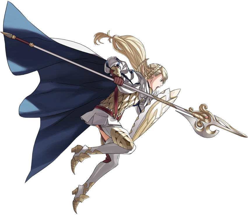 armor blonde_hair blue_cape boots braid cape crown_braid fire_emblem fire_emblem_heroes full_body gloves green_eyes highres holding holding_weapon kozaki_yuusuke long_hair low_ponytail miniskirt official_art open_mouth polearm serious sharena shield skirt solo spear thigh_boots thighhighs transparent_background weapon white_cape zettai_ryouiki