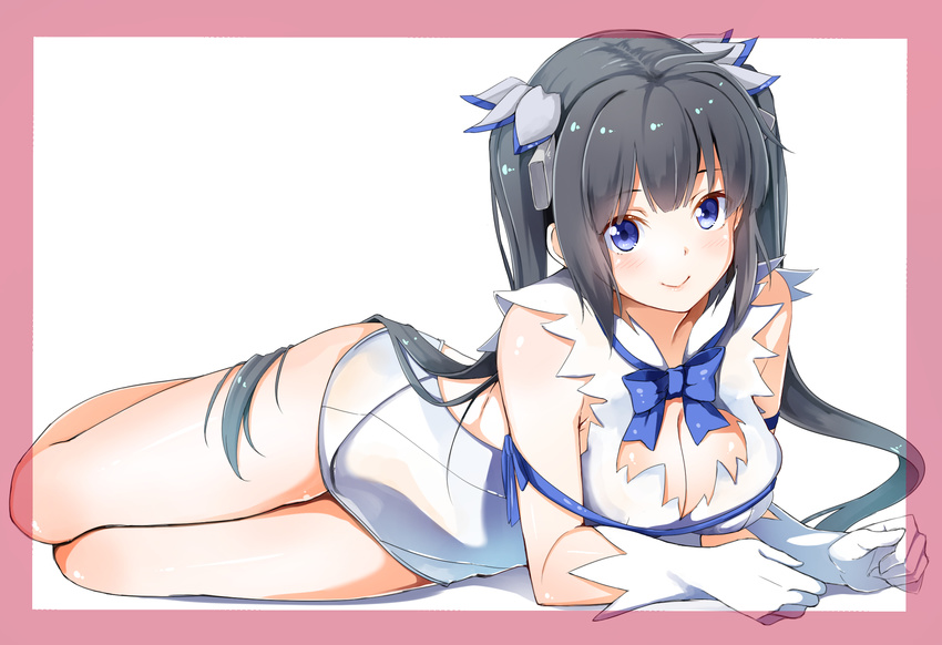 arm_ribbon bare_legs black_hair blue_eyes blue_ribbon breasts byte_(allbyte) cleavage cleavage_cutout commentary_request dress dungeon_ni_deai_wo_motomeru_no_wa_machigatteiru_darou_ka gloves hair_ribbon hestia_(danmachi) highres large_breasts long_hair looking_at_viewer lying rei_no_himo ribbon short_dress smile solo twintails white_dress white_gloves