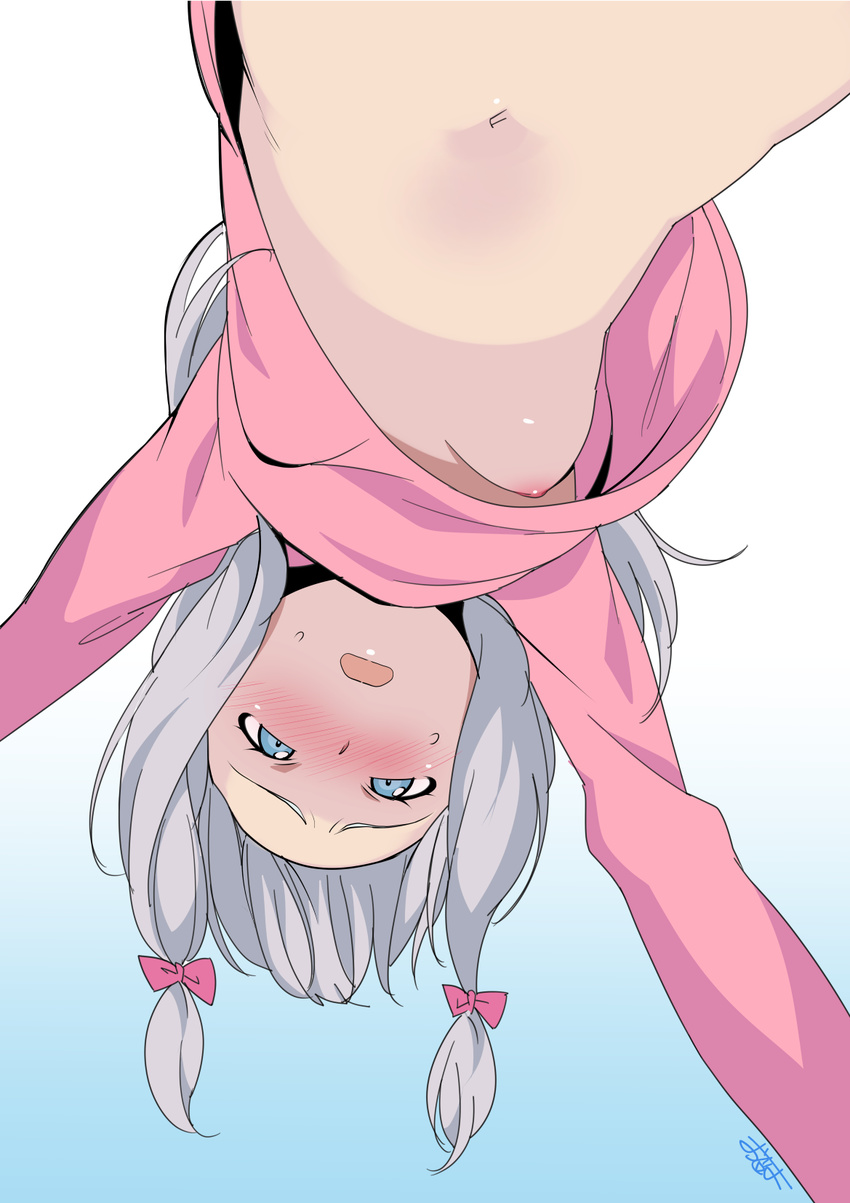 all_fours aqua_eyes blue_background blush bow breasts d: eromanga_sensei from_below gradient gradient_background half-closed_eyes highres izumi_sagiri long_hair long_sleeves looking_at_viewer navel nipples no_bra nose_blush ojo_(dfreak) one_breast_out open_mouth pajamas pink_bow pink_shirt pov shirt signature silver_hair small_breasts solo stomach sweat upshirt