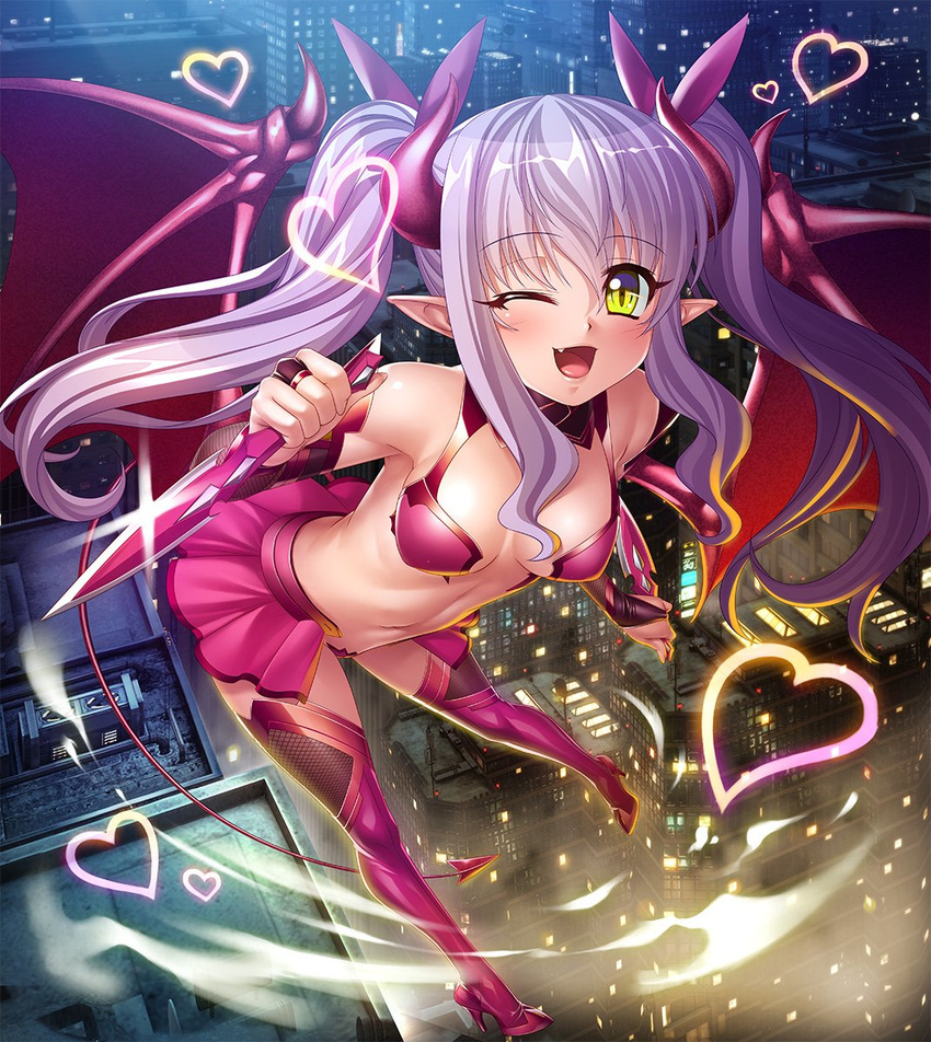 00s 1girl bare_legs bare_shoulders bat_wings bikini boots breasts bridal_gauntlets city demon_girl fangs female flying happy kagami_hirotaka lilim_(taimanin_asagi_battle_arena) lilith-soft long_hair looking_at_viewer night open_mouth pointy_ears skirt smile solo succubus tail taimanin_(series) taimanin_asagi taimanin_asagi_battle_arena twintails underwear weapon wings wink