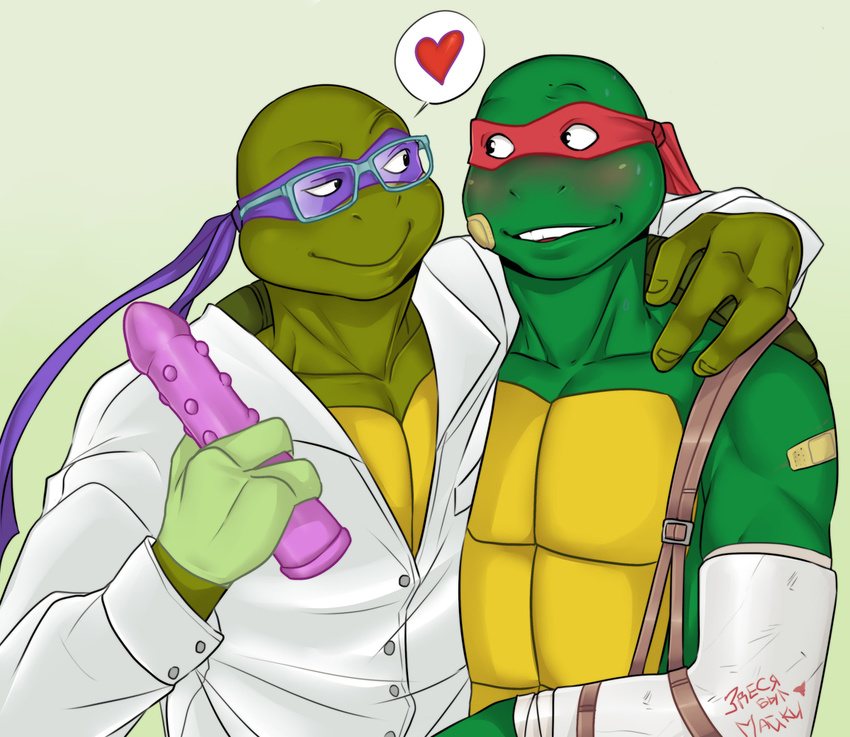 &lt;3 anthro athletic bandage biceps blouse blush brothers crylin dildo donatello_(tmnt) eyewear glasses green_skin incest lying male male/male mask muscular ninja open_mouth penetration raphael_(tmnt) reptile scalie sex_toy shell sibling smile teenage_mutant_ninja_turtles turtle