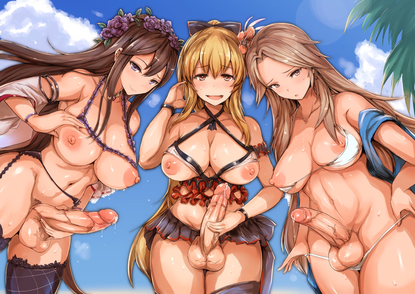 10s 3girls :d areolae bikini black_legwear blonde_hair blue_eyes blue_sky blush breasts brown_eyes brown_hair catalina_(granblue_fantasy) cleavage cloud curvaceous decensored erection foreskin futanari garter_belt garter_straps granblue_fantasy hand_on_hip high_res large_breasts large_penis lingerie long_hair looking_at_viewer multiple_girls multiple_penises navel newhalf nipples open_mouth palm_tree penis phimosis precum purple_eyes rosetta_(granblue_fantasy) shiny shiny_hair shiny_skin sky smile swimsuit testicles thick_thighs thighhighs thighs tree ubanis uncensored underwear vira_(granblue_fantasy) white_bikini white_swimsuit wide_hips