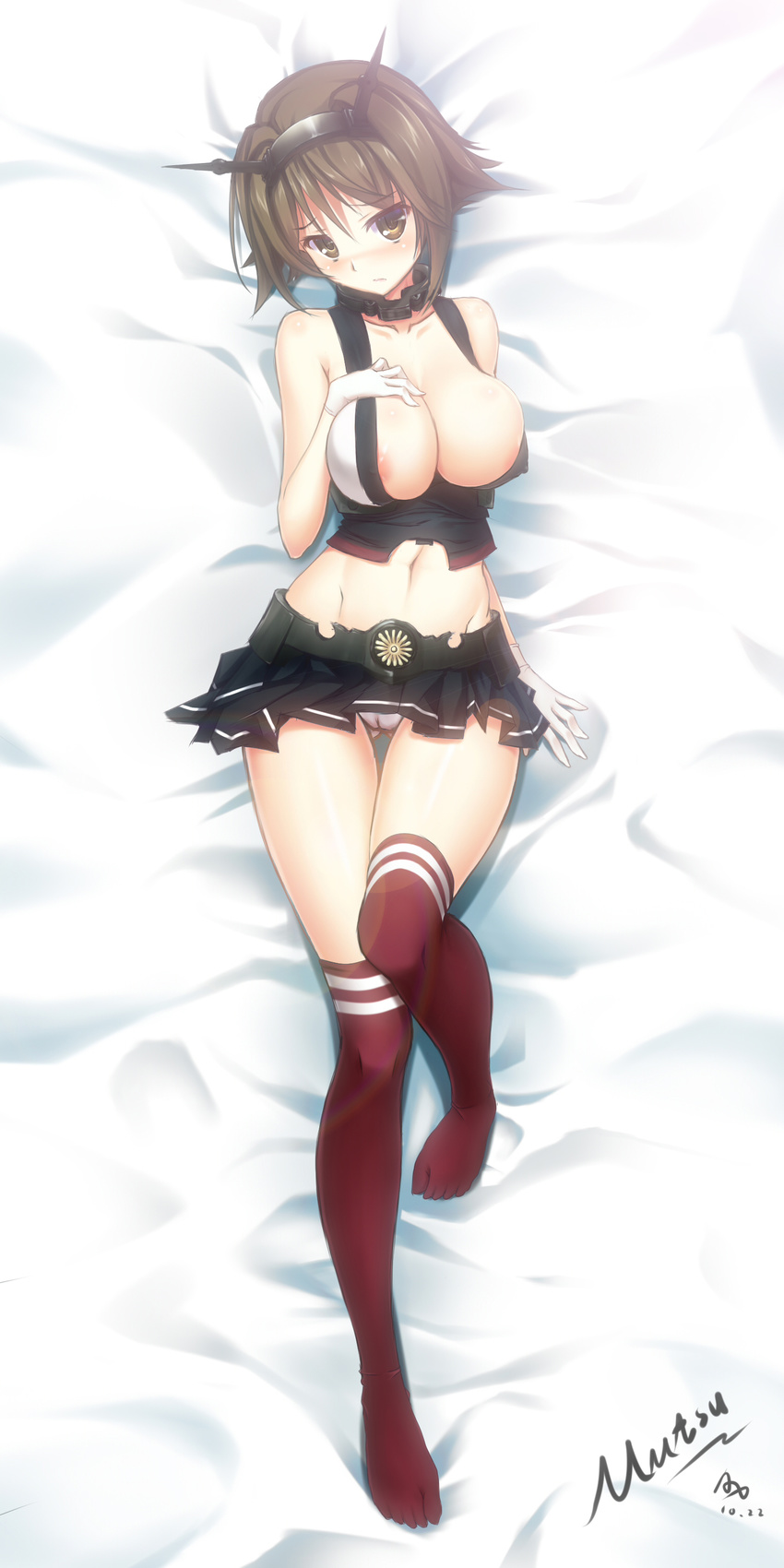 a.x. absurdres areola_slip areolae artist_name ass_visible_through_thighs bad_id bad_pixiv_id black_skirt breasts brown_eyes brown_hair commentary dakimakura dated full_body gloves hand_on_breast highres kantai_collection large_breasts looking_at_viewer metal_belt mutsu_(kantai_collection) no_shoes panties pleated_skirt red_legwear short_hair skirt solo striped striped_legwear striped_skirt thighhighs underwear white_gloves white_panties