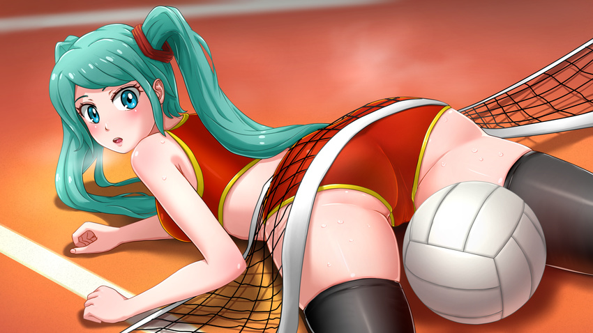 aqua_hair ass ball bare_shoulders black_legwear blue_eyes blush breasts breath buruma cameltoe everlasting_summer from_behind hatsune_miku highres huyase long_hair looking_at_viewer looking_back lying medium_breasts on_floor on_stomach open_mouth solo sport steam sweat tank_top thighhighs twintails vocaloid volleyball volleyball_net