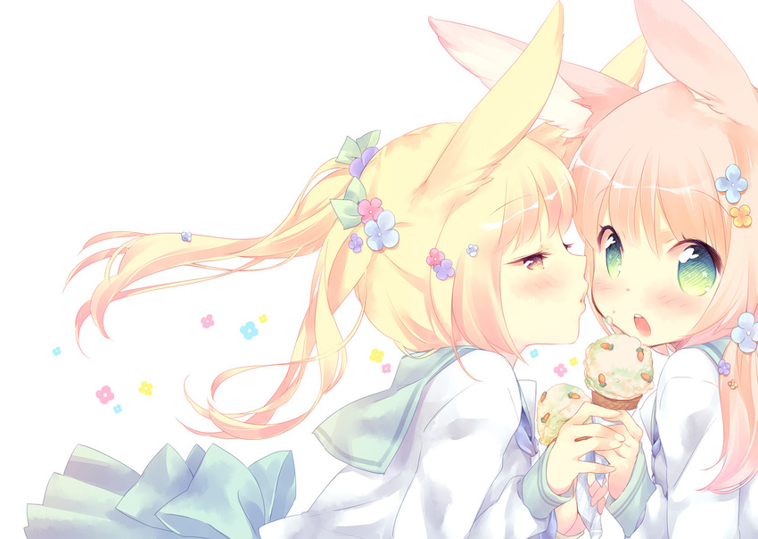 animal_ears bangs blonde_hair blue_flower blush brown_eyes bunny_ears ech eyebrows_visible_through_hair floral_background flower food food_on_face green_eyes hair_flower hair_ornament half-closed_eyes holding holding_food ice_cream ice_cream_cone leaning_forward long_hair long_sleeves looking_at_another looking_at_viewer multiple_girls open_mouth original parted_lips pink_flower pink_hair purple_flower school_uniform serafuku sleeves_past_wrists teeth twintails upper_body white_background yellow_flower yuri