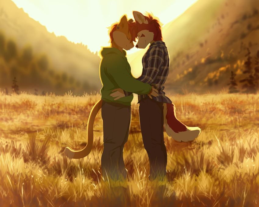 akitamonster anthro canine cat clothed clothing detailed_background dog duo eyes_closed feline female fur grass hair husky mammal red_fur red_hair smile standing tan_fur white_fur