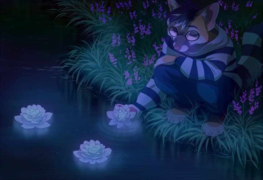 4_toes akitamonster ambiguous_gender anthro barefoot black_hair clothed clothing eyewear feline flower glasses hair mammal night outside plant solo toes water