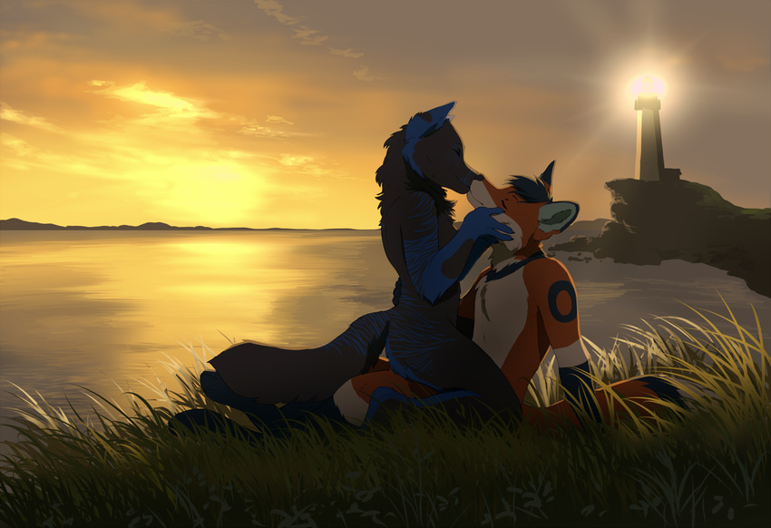 akitamonster anthro black_fur black_nose blue_fur canine day detailed_background dog duo female fox fur grass kissing lighthouse male mammal nude outside sky sun water