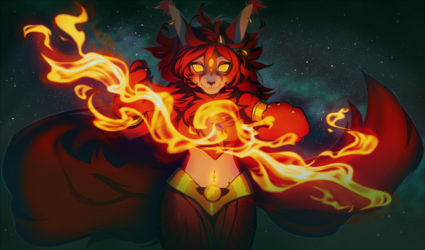 akitamonster anthro cat clothed clothing feline female fire hair mammal midriff navel night outside red_hair sky smile solo standing star starry_sky yellow_eyes
