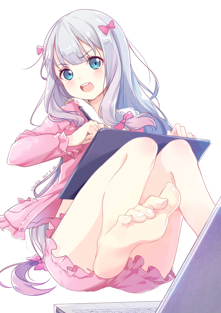 2017 angry artist_name bangs barefoot blue_eyes blush bow clouble computer dated drawing_tablet eromanga_sensei eyebrows_visible_through_hair feet frilled_sleeves frills hair_bow hands_up highres holding holding_stylus izumi_sagiri knees_together_feet_apart knees_up laptop leg_up long_hair long_sleeves looking_at_viewer low-tied_long_hair open_mouth pajamas pink_bow sidelocks silver_hair simple_background soles solo stylus toenails upper_teeth very_long_hair white_background