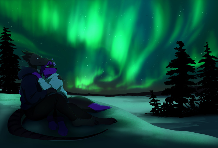 akitamonster anthro barefoot canine clothed clothing detailed_background digitigrade dog dragon duo fur hair horn mammal night outside purple_fur purple_hair sitting smile tree