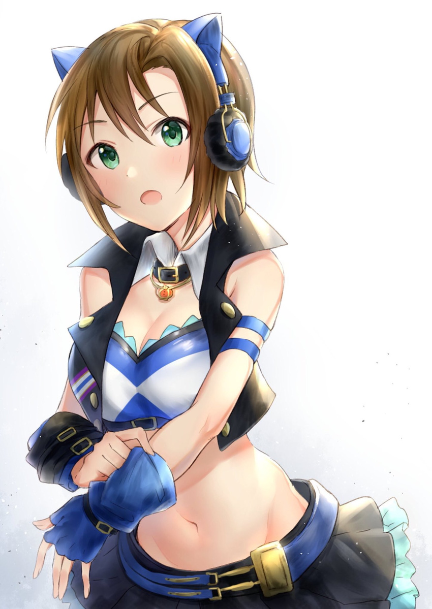 armband bare_shoulders belt black_skirt blue_gloves breasts brown_hair buttons cat_ear_headphones cleavage collar commentary crown detached_collar elbow_gloves fingerless_gloves gloves green_eyes hair_between_eyes headphones highres idolmaster idolmaster_cinderella_girls jewelry looking_at_viewer midriff miniskirt navel necklace open_mouth over_the_collar putting_on_gloves short_hair simple_background skirt small_breasts solo tada_riina takeashiro vest