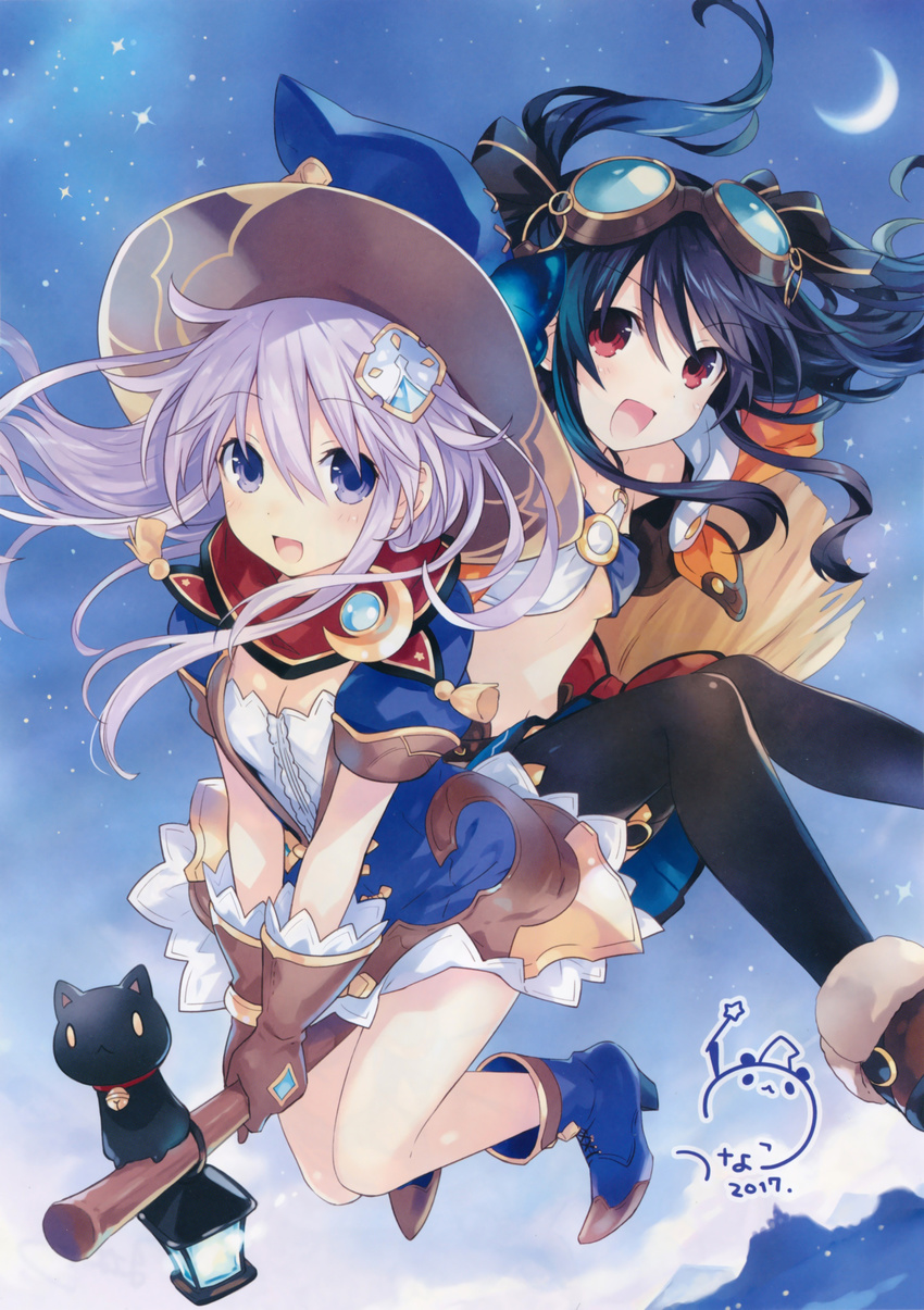 2girls absurdres black_cat black_hair black_legwear boots breasts broom broom_riding cat cleavage crescent_moon dress four_goddesses_online:_cyber_dimension_neptune gloves goggles goggles_on_head hair_ornament hat highres kerosene_lamp long_hair medium_breasts moon multiple_girls navel nepgear neptune_(series) night night_sky open_mouth outdoors purple_eyes purple_hair red_eyes ribbon sidesaddle sky smile star_(sky) starry_sky tsunako two_side_up uni_(choujigen_game_neptune) witch witch_hat