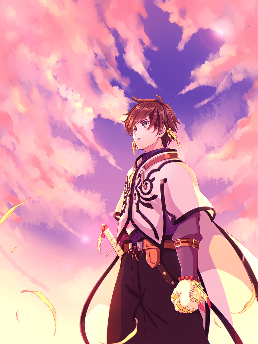 black_pants brown_hair cape clenched_hand cloud cloudy_sky corokuro cowboy_shot earrings from_below green_eyes highres jewelry male_focus outdoors pants sky solo sorey_(tales) sword tales_of_(series) tales_of_zestiria weapon yellow_feathers