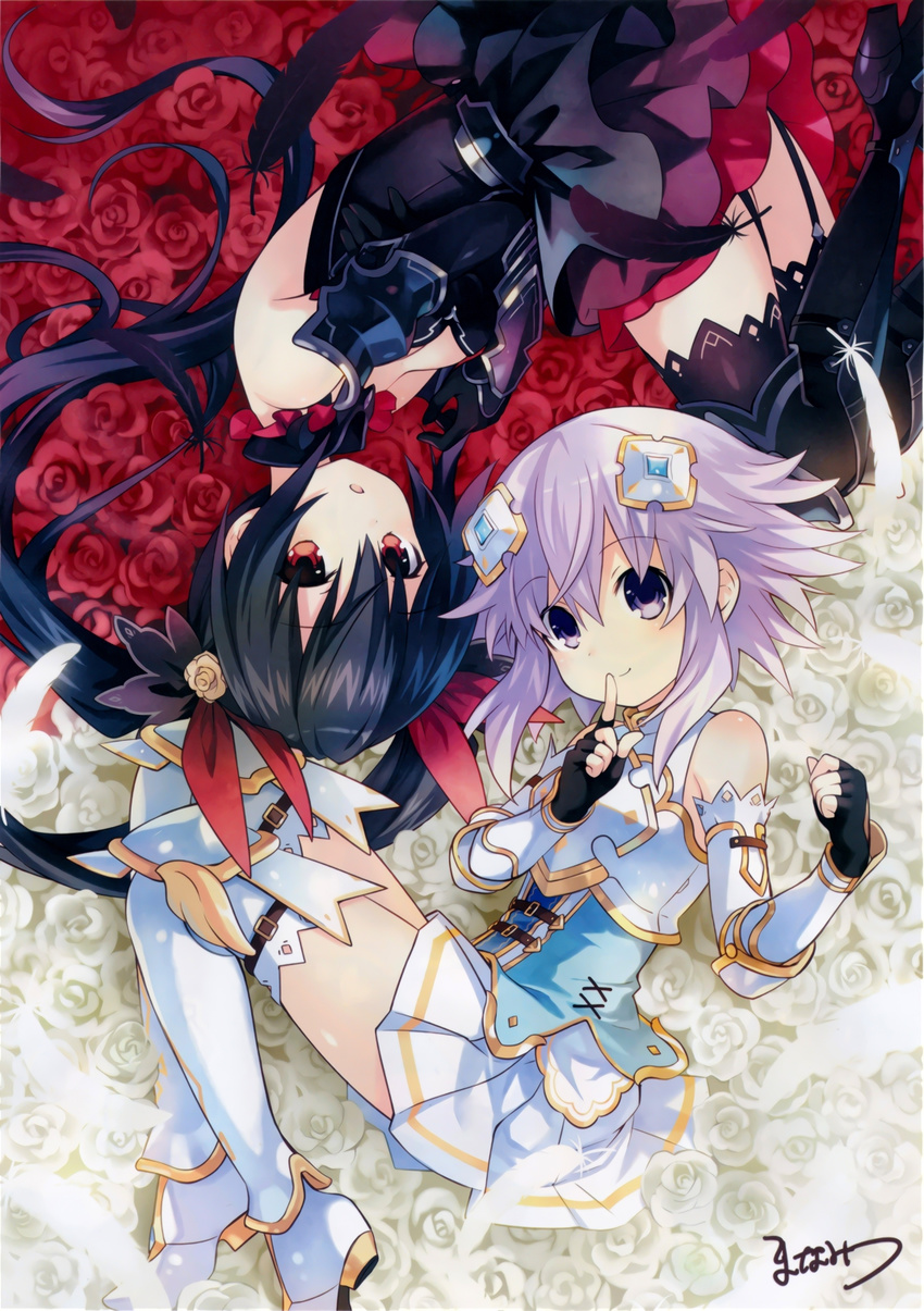 armor armored_boots armored_dress black_hair boots breastplate breasts fantasy feathers finger_to_mouth fingerless_gloves flower four_goddesses_online:_cyber_dimension_neptune gauntlets gloves hair_ornament highres long_hair looking_at_viewer lying manamitsu medium_breasts multiple_girls neptune_(choujigen_game_neptune) neptune_(series) noire on_side pleated_skirt purple_eyes purple_hair red_flower red_rose rose short_hair signature skirt thighhighs twintails white_flower white_rose zettai_ryouiki