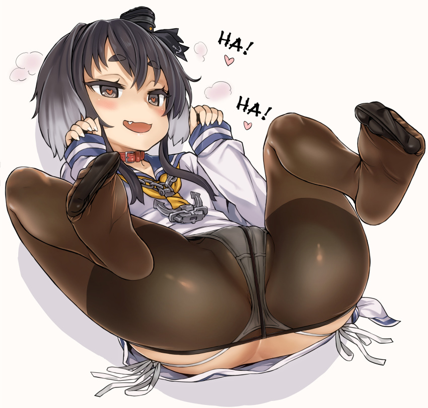 1girl asanagi ass black_hair black_legwear blush collar crotch_seam dress enty_reward eyebrows fang feet hard_translated hat heart heart-shaped_pupils heavy_breathing highres kantai_collection lying mini_hat no_shoes on_back open_mouth paid_reward panties panties_under_pantyhose pantyhose partially_visible_anus partially_visible_vulva presenting red_collar sailor_dress short_hair short_hair_with_long_locks side-tie_panties sidelocks simple_background sleeves_past_wrists smile soles solo spread_legs string_panties symbol-shaped_pupils thick_eyebrows thighband_pantyhose toe_scrunch toes tokitsukaze_(kantai_collection) underwear white_background