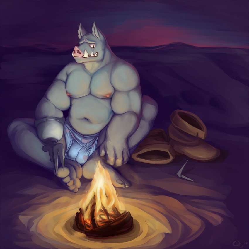 &lt;3 2017 anthro anthrofied athletic balls biceps boar boots boxers_(clothing) campfire clothed clothing disney fire footwear fork fork_hand front_view fur grey_fur grey_hair hair heart_underwear male mammal meat_fork mostly_nude muscular navel night nipples partially_clothed porcine quorum-s sitting skimpy smile solo spread_legs spreading star_vs._the_forces_of_evil toes topless underwear