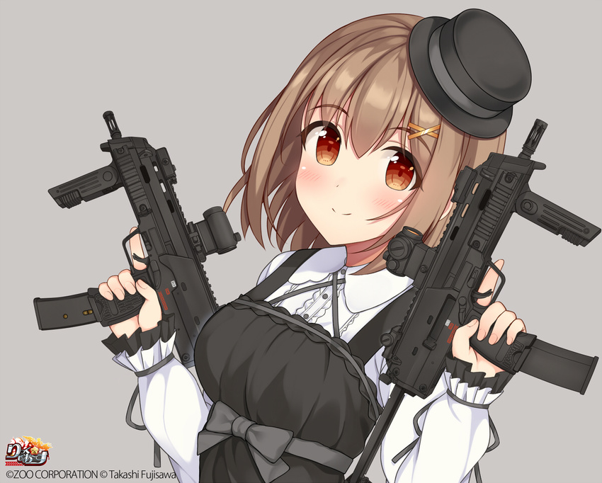 bangs black_bow black_dress black_hat bow breasts buttons center_frills closed_mouth commentary_request dress dual_wielding eyebrows_visible_through_hair eyes_visible_through_hair fedora fingernails frilled_sleeves frills grey_background gun h&amp;k_mp7 hair_ornament hairclip hat heckler_&amp;_koch hiiragi_hajime holding holding_gun holding_weapon ichigaya_ai long_sleeves looking_at_viewer medium_breasts mini_hat pinafore_dress plaid red_eyes rick_g_earth shirt short_hair simple_background smile solo submachine_gun trigger_discipline upper_body weapon white_shirt x_hair_ornament
