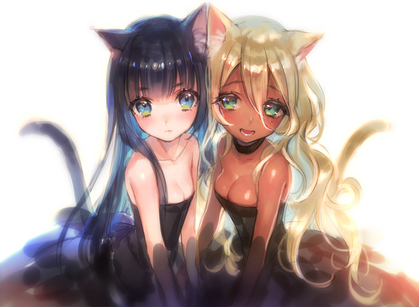 animal_ears bangs bare_shoulders black_dress black_hair blonde_hair blue_eyes blunt_bangs blush breasts cat_ears cat_tail choker cleavage collarbone commentary_request dark_skin dress eyebrows_visible_through_hair green_eyes long_hair medium_breasts mole mole_under_eye multiple_girls open_mouth original simple_background sketch small_breasts smile straight_hair strapless strapless_dress tail very_long_hair wavy_hair white_background yamori_(stom)