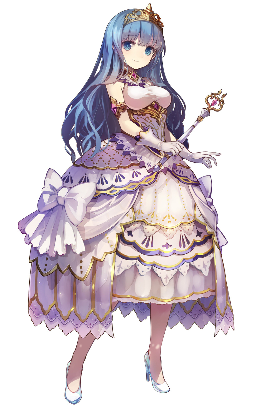 absurdres blue_eyes blue_hair bow character_request cinderella_(grimm) dress full_body gem gloves grimms_notes high_heels highres holding hosato_mikine jewelry long_hair looking_at_viewer simple_background sleeveless smile solo standing tiara wand white_background white_gloves