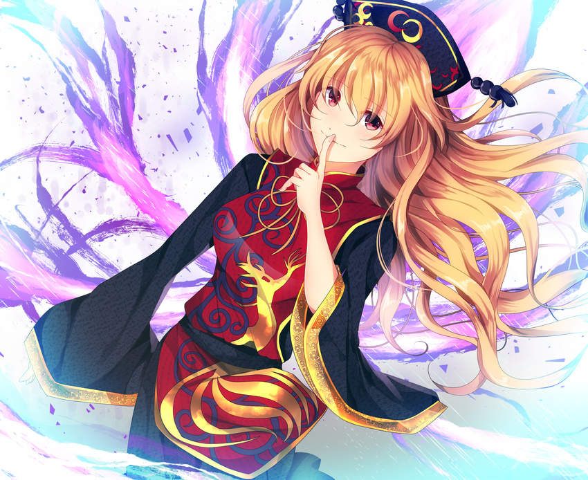 bad_id bad_pixiv_id black_dress chinese_clothes commentary_request crescent dress energy finger_to_mouth fox_tail hat highres junko_(touhou) long_hair long_sleeves looking_at_viewer miri_(miri0xl) multiple_tails orange_hair red_eyes simple_background smile solo tabard tail touhou wide_sleeves