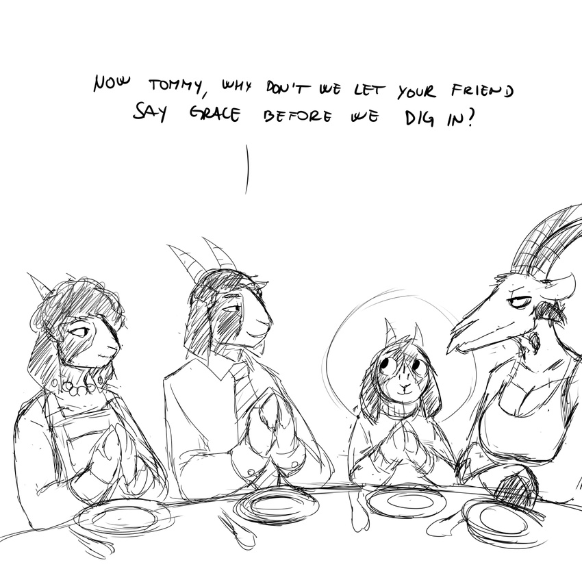 anthro black_and_white breasts caprine demon english_text family father father_and_son goat group hair halo hladilnik horn lucy_(hladilnik) male mammal monochrome mother mother_and_son parent plate praying smile son table text tommy_(hladilnik)