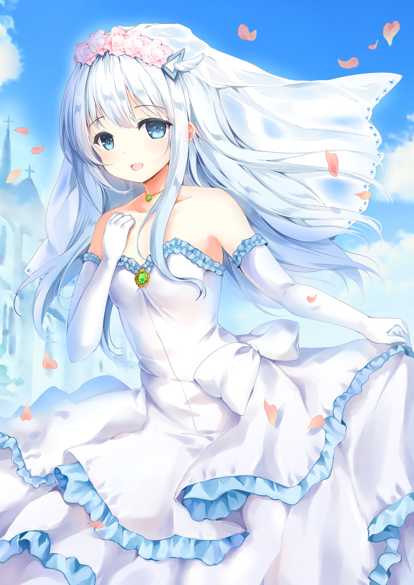 :d blue_eyes breasts bridal_veil cherry_blossoms cloud cloudy_sky collarbone day dress elbow_gloves eyebrows_visible_through_hair floating_hair flower gloves head_wreath highres jewelry kuuki_shoujo layered_dress long_hair mafuyu necklace open_mouth outdoors pink_flower silver_hair skirt_hold sky sleeveless sleeveless_dress small_breasts smile solo standing strapless strapless_dress the_personification_of_atmosphere veil very_long_hair wedding_dress white_dress white_gloves