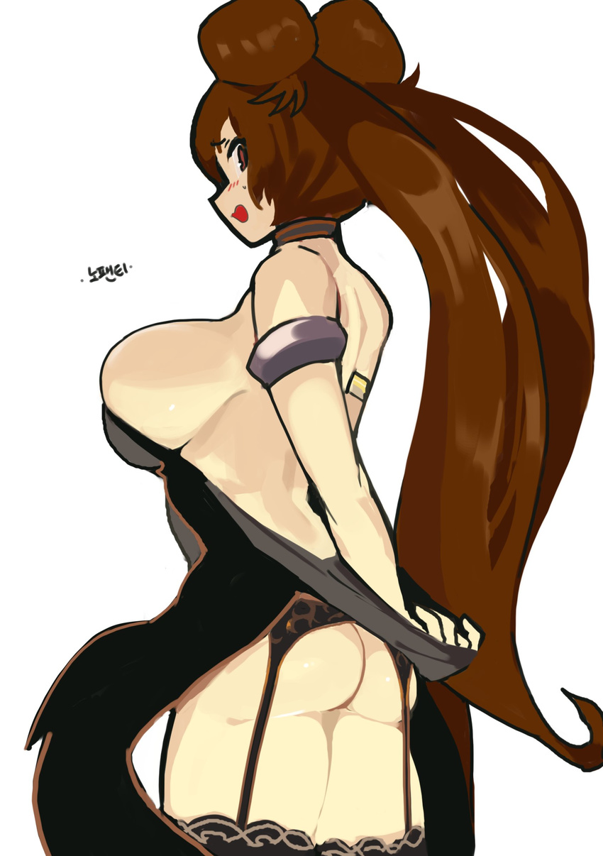 absurdres armlet artist_request ass blush breasts brown_eyes brown_hair choker double_bun dress dress_tug dungeon_and_fighter fighter_(dungeon_and_fighter) garter_belt grey_legwear highres large_breasts long_hair looking_back nen_master_(dungeon_and_fighter) open_mouth simple_background solo thighhighs twintails white_background