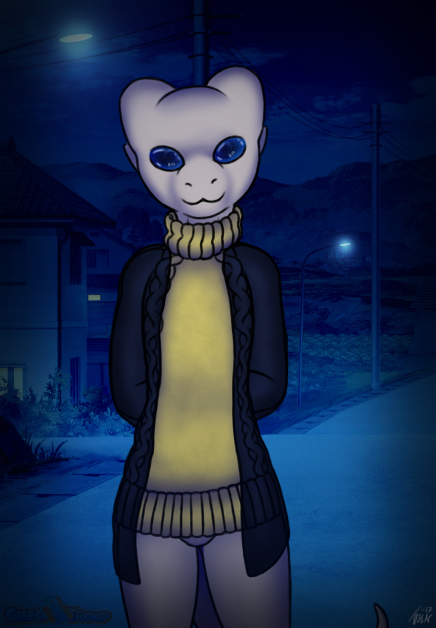 2016 2017 absurd_res alien anthro bottomless clothed clothing digital_media_(artwork) earthbound_(series) geno28_(artist) gieeg giygas hi_res looking_at_viewer male mammal nintendo pose signature slim smile solo sweater video_games virgin_killer_sweater