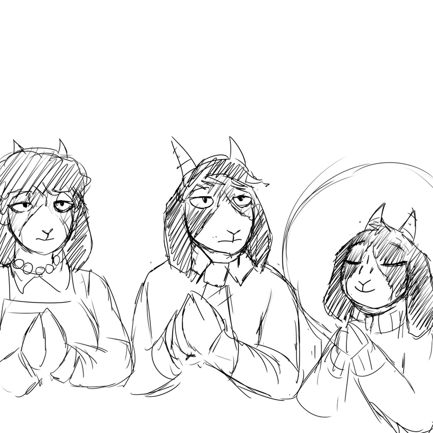 anthro black_and_white caprine eyes_closed father father_and_son frown goat hair halo hladilnik horn male mammal monochrome mother mother_and_son parent smile son tommy_(hladilnik)