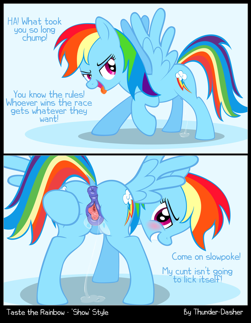 absurd_res blue_fur blush clitoris equine female feral friendship_is_magic fur hair hi_res mammal multicolored_hair my_little_pony open_mouth pegasus purple_eyes pussy pussy_juice rainbow_dash_(mlp) rainbow_hair solo spread_legs spreading tongue tongue_out wings