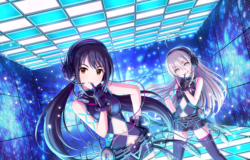 ahoge artist_request bangs bare_shoulders black_hair boots braid brown_eyes gloves grey_eyes grin hand_on_hip headphones hoshi_shouko idolmaster idolmaster_cinderella_girls idolmaster_cinderella_girls_starlight_stage long_hair multiple_girls nakano_yuka navel neon_lights nex-us_(idolmaster) nothing_but_you official_art shorts silver_hair single_braid smile tattoo thigh_boots thighhighs twintails
