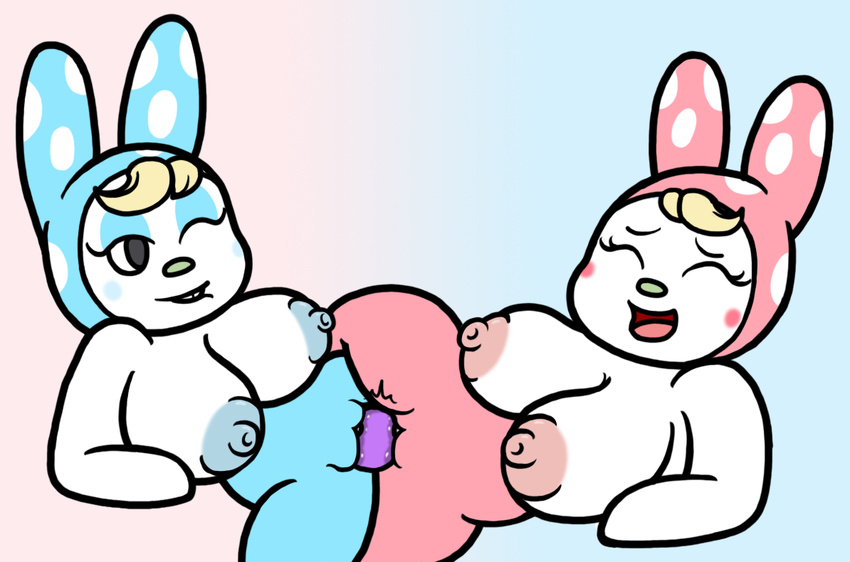 2017 animal_crossing anthro areola big_breasts blush breasts chrissy_(animal_crossing) digital_media_(artwork) dildo duo female female/female francine_(animal_crossing) lagomorph lying mammal mr.under nintendo nipples nude on_back open_mouth pussy_juice rabbit sex sex_toy smile spread_legs spreading tribadism video_games