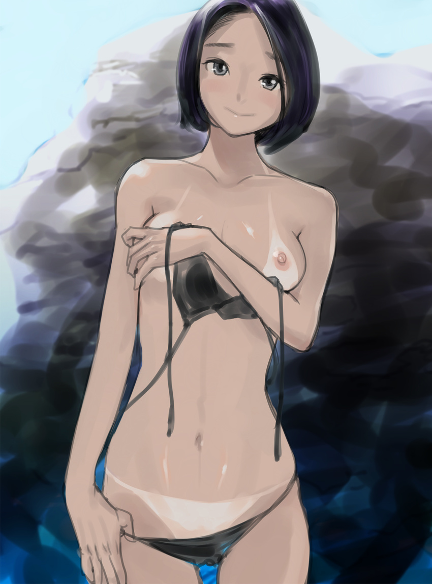 beach bikini bikini_tan bikini_top bikini_top_removed black_hair blush breast_hold breasts dytm highres looking_at_viewer medium_breasts nipples original panties panty_pull short_hair swimsuit tan tanline underwear undressing