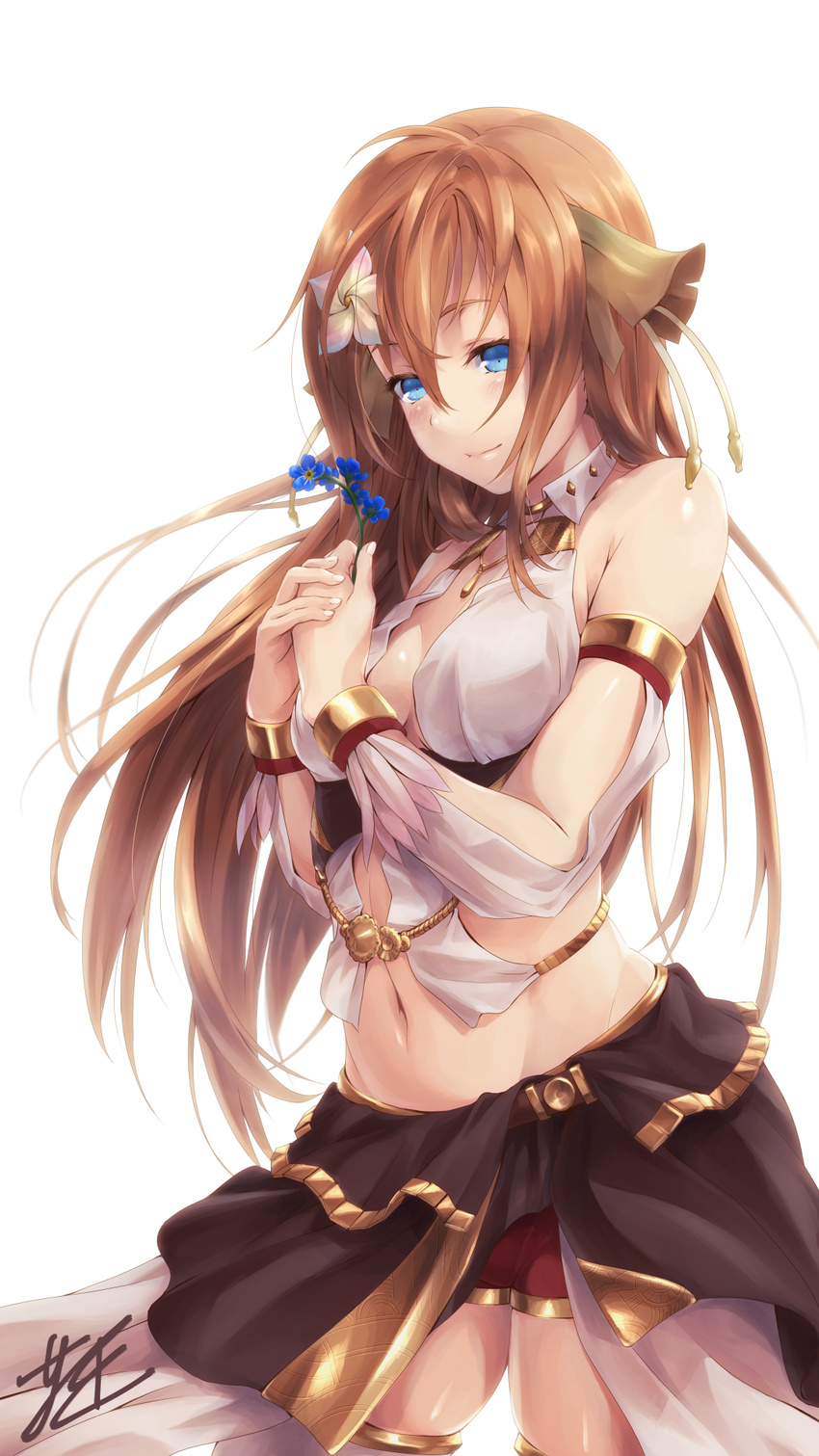 ar_nosurge bare_shoulders blue_eyes blush breasts brown_hair closed_mouth cowboy_shot flower from_side hair_between_eyes hair_flower hair_ornament highres holding holding_flower ionasal_kkll_preciel light_smile long_hair medium_breasts navel signature simple_background solo surge_concerto thighhighs very_long_hair white_background yoshiomi