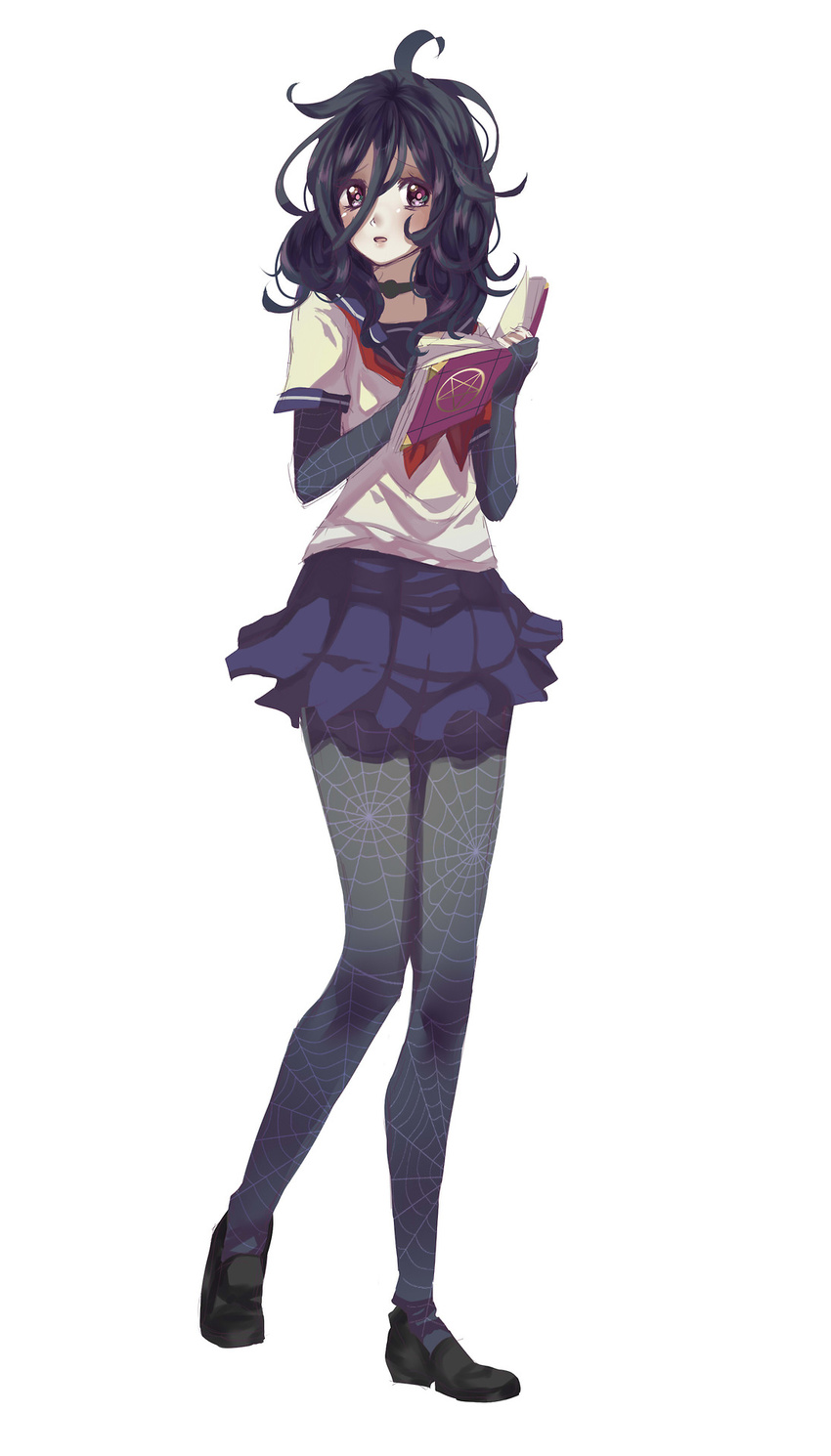 1girl black_hair black_shoes blue_skirt choker collar full_body goth gothic long_image messy_hair oka_ruto oka_ruto_(yandere_simulator) purple_eyes school_uniform shoes skirt solo spider_web spider_web_print yandere_simulator