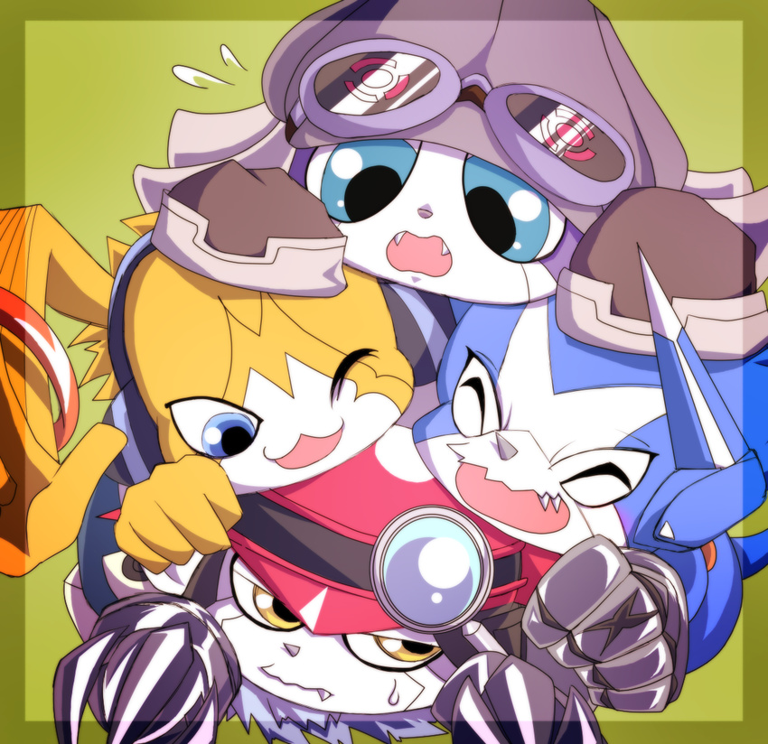 blue_eyes commentary_request digimon digimon_universe:_appli_monsters dokamon fangs fur_collar gatchmon goggles goggles_on_head hat headphones kon'no_haruka musimon no_humans offmon pointy_nose yellow_eyes