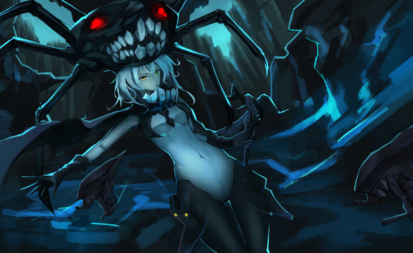 absurdres bodysuit dutch_angle gloves glowing glowing_eyes highres hips kantai_collection looking_at_viewer outstretched_arm red_eyes shinkaisei-kan silver_hair solo teeth thigh_gap thighs wo-class_aircraft_carrier yellow_eyes yun_lin