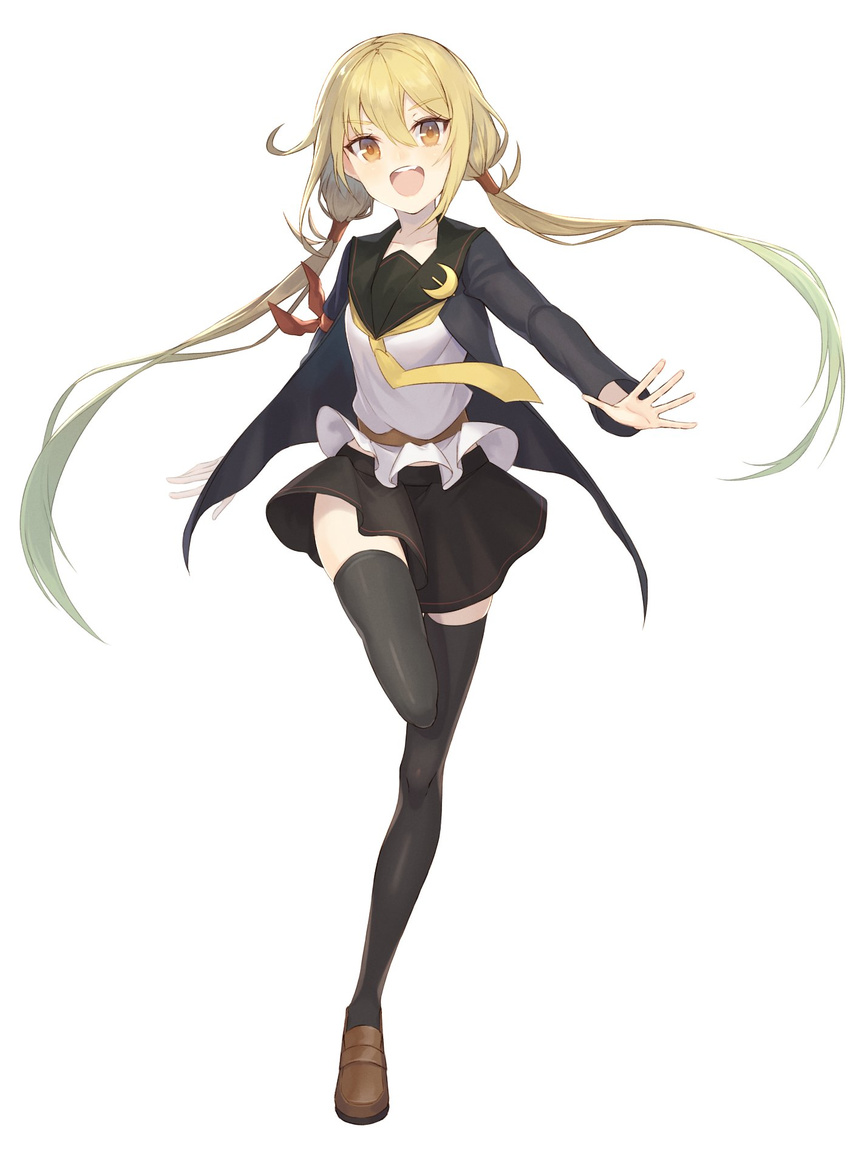 armband belt black_legwear blonde_hair collarbone crescent crescent_moon_pin eyebrows_visible_through_hair full_body gi_(melmail) gradient_hair green_hair highres jacket kantai_collection leg_up loafers long_hair looking_at_viewer low_twintails multicolored_hair necktie open_mouth outstretched_arms remodel_(kantai_collection) satsuki_(kantai_collection) school_uniform shoes simple_background skirt solo thighhighs twintails very_long_hair white_background yellow_eyes yellow_neckwear zettai_ryouiki